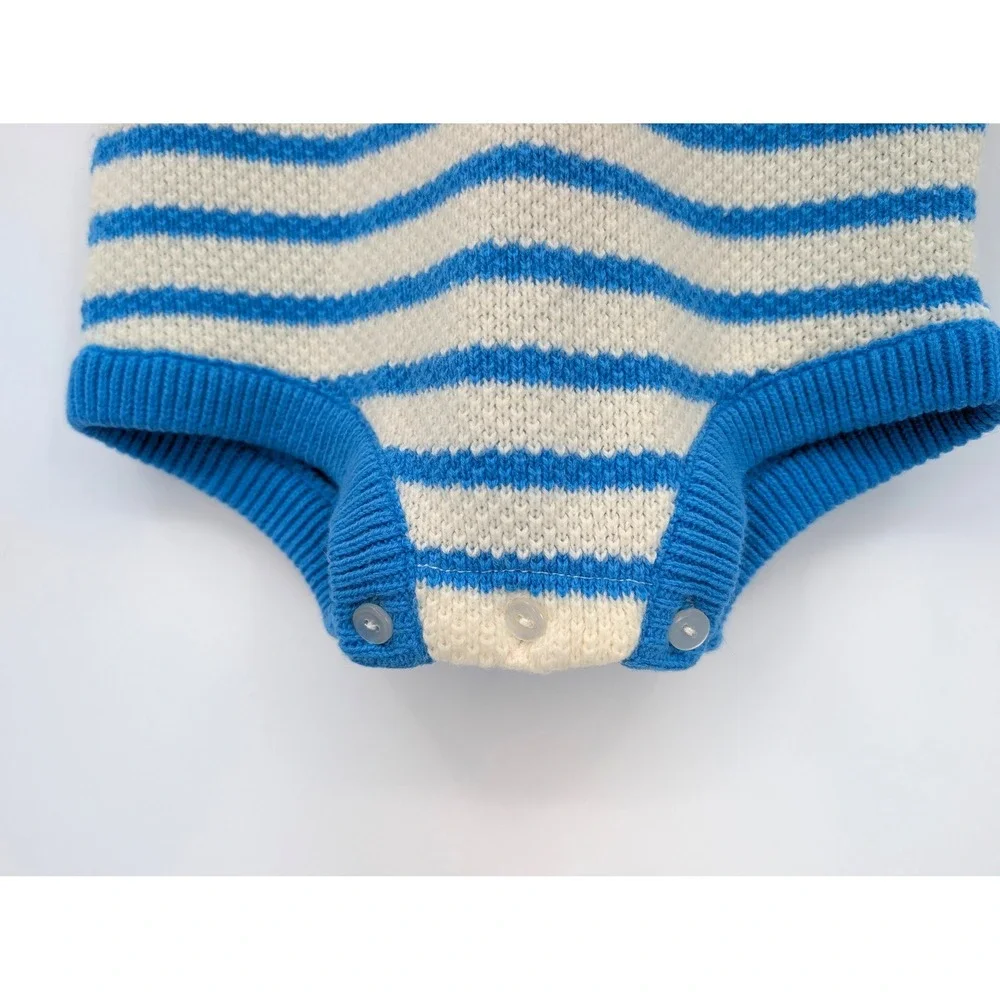 Vintage Carter's 18M Baby Knit Romper Blue White Striped Elephant Acrylic
